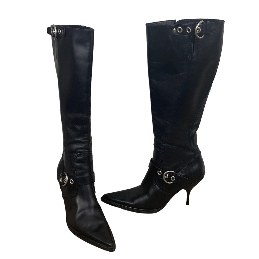 Miu Miu Black Leather Knee High Pointed Toe Boots